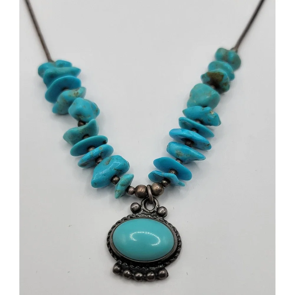 Vintage Southwestern Sterling Silver Turquoise Nugget Liquid Silver Necklace 70s